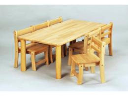 【国産木製家具】角テーブル 120×60 丸脚 H43と幼児椅子26×6脚|ブロック社(日本)